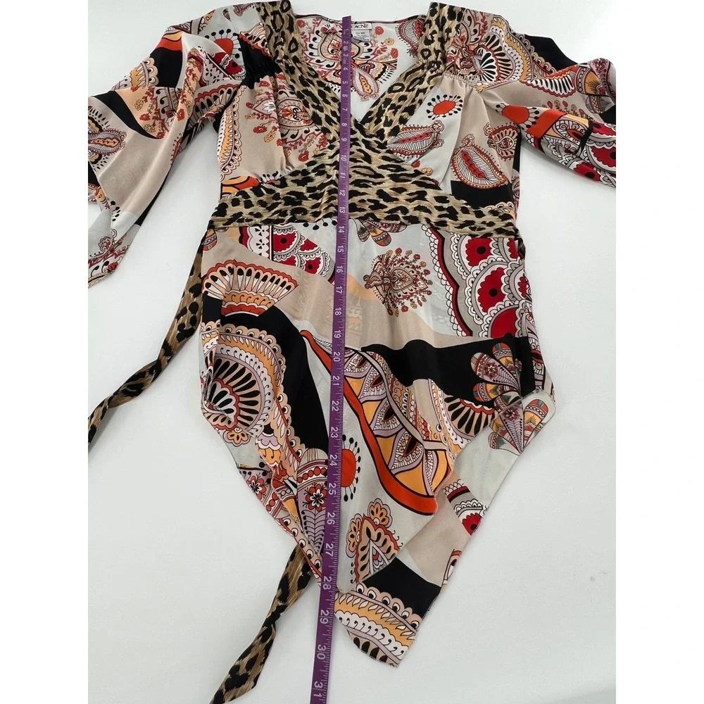 Cache Silk Paisley Leopard Print Kimono Sleeve Wrap Top Handkerchief Hem Y2k XS